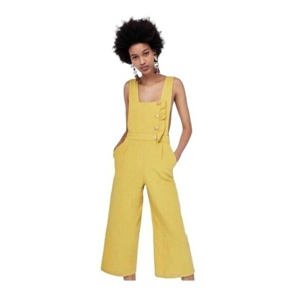 ZARA Gold Ruffled Jumpsuit XS/S Sleeveless Cropped Linen Cotton Zip Side VG - Picture 3 of 13